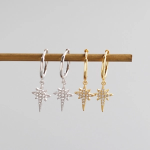 S925 sterling silver octagram star hoop earrings with sparkling cubic zirconia pavé