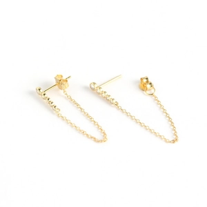 Long S925 sterling silver chain earrings with rows of sparkling zircons on white background
