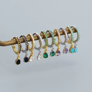 Detailed row of S925 silver hoop earrings featuring colorful pear-cut zircon drops
