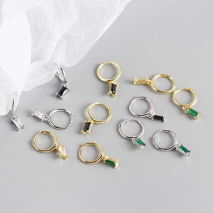 Minimalist S925 silver hoop earrings with rectangular zircon in gold and silver colors