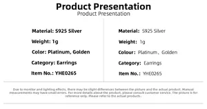 Specifiche dettagliate orecchini in argento S925 con info su materiale, peso e colore