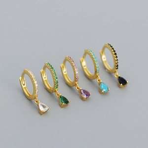 S925 silver geometric hoop earrings with colorful teardrop crystal pendants in five colors