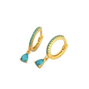 Gold-plated S925 silver hoop earrings with turquoise stones and water drop pendants