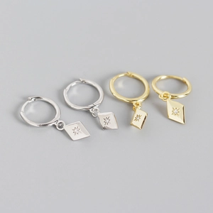 Boucles d'Oreilles Créoles en Argent Sterling 925 Zirconia Losange Rayon d'Étoile Bijoux Minimalistes Français Géométriques Femme Or Argent