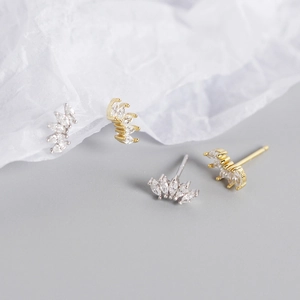 S925 Sterling silver leaf stud earrings with marquise zirconia in gold and silver finish