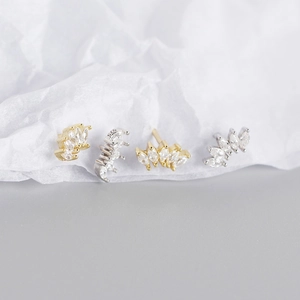 S925 sterling silver stud earrings with marquise-cut white zircon in gold and silver finish
