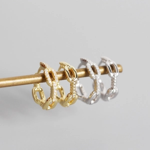 S925 sterling silver chain hoop earrings set in gold and silver with cubic zirconia