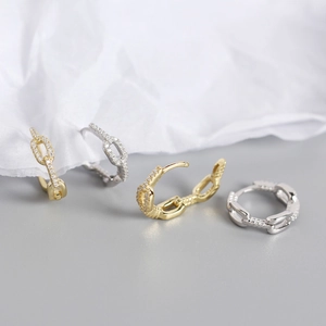S925 sterling silver chain link hoop earrings with sparkling zircon inlay in gold and silver