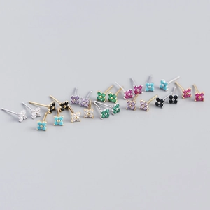 S925 Sterling Silver Flower Stud Earrings For Women Simple Sweet Four Leaf Clover Colorful Rhinestone Inlaid Ear Jewelry