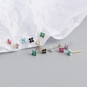 Colorful S925 sterling silver four-leaf flower stud earrings set in various gemstone colors