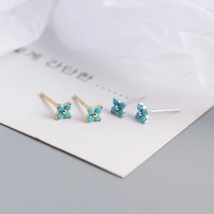 Minimalist S925 sterling silver four-leaf flower studs with blue turquoise petals
