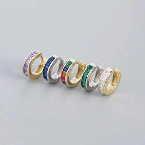 S925 sterling silver huggie earrings with colorful square zircon stones in five shades