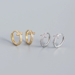 925 Sterling Silver Cross Huggie Earrings Geometric Rhinestone Pave Small Hoop Earrings For Women Fashion Daily Jewelry