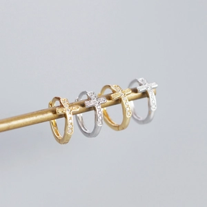 S925 sterling silver geometric cross hoop earrings with inlaid stones in gold and silver