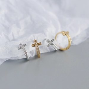 Elegant S925 sterling silver cross hoop earrings with inlaid zircon in gold and silver