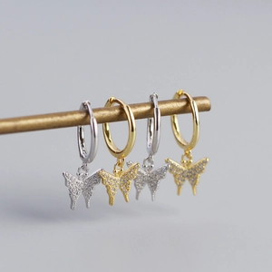 Elegant S925 sterling silver butterfly hoop earrings with pavé crystals in gold and silver