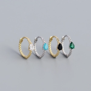 Twisted rope texture S925 silver huggie earrings with pear-cut multicolored gemstones