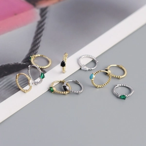 Minimalist S925 sterling silver twisted huggie hoop earrings with teardrop gemstones