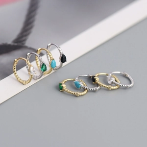 S925 sterling silver twist hoop earrings with pear-cut emerald and zircon gemstones