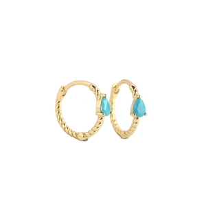 Golden twist rope earrings with pear-shaped light blue gemstone in a minimalist design