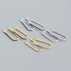 Pendientes de Aro de Plata de Ley 925 Geométricos Rectangulares con Diamantes de Imitación para Mujer Joyería Galvanizada de Moda Minimalista