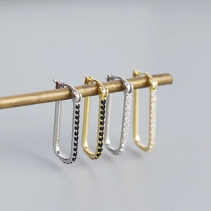 Pendientes de aro rectangulares de plata S925 con circonitas, estilo minimalista