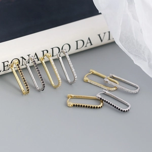 Pendientes de aro rectangulares de plata de ley S925 con circonitas en oro y plata