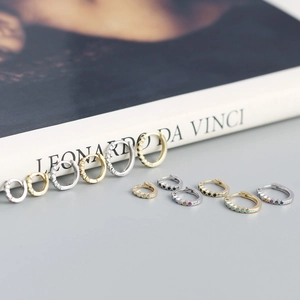 Stackable S925 sterling silver huggie earrings with colorful zircon stones in gold and silver