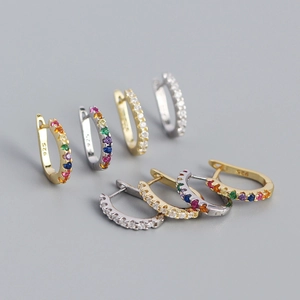 Minimalist S925 Sterling Silver U Shaped Huggie Earrings Geometric Gold Silver Rhinestone Rainbow Earrings Women Jewelry