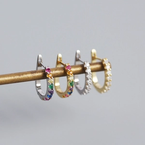 Minimalist S925 sterling silver U-shaped hoop earrings with rainbow and white zircon gems