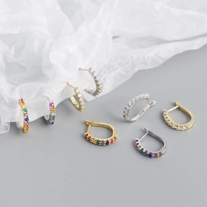 Minimalist S925 sterling silver U-shaped hoop earrings with colorful zircon stones