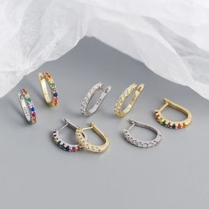 Minimalist S925 sterling silver U-shaped hoop earrings with colorful zircon stones