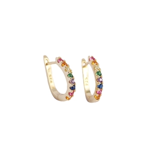 S925 sterling silver rainbow gem huggie earrings with gold finish on white background