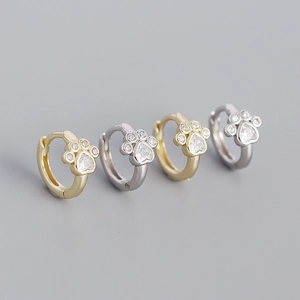 Cute S925 silver cat paw dangle hoop earrings with sparkling zircon heart stones