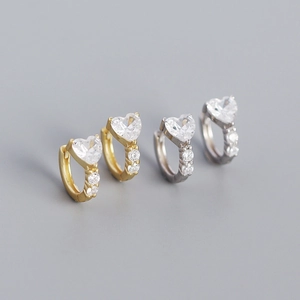 S925 silver heart zircon hoop earrings in gold and silver finish with crystal stones