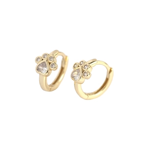 Cute gold plated S925 silver cat paw print hoop earrings with heart shaped zircon stones