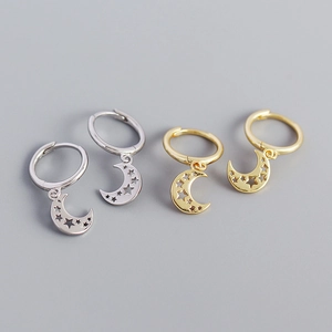S925 silver and gold moon crescent earrings with hollow star detail for women