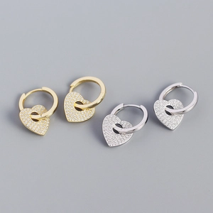 Boucles d'Oreilles Créoles en Argent Sterling 925 Cœur Plaqué Platine Or Strass Géométrique Bijoux Femme Cadeau