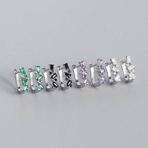S925 sterling silver geometric U-shaped hoop earrings with colorful zircon inlays