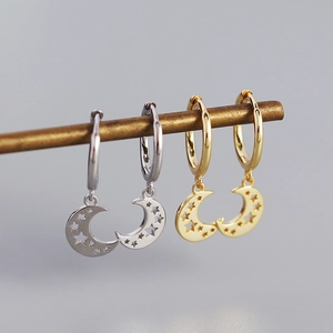 Elegant S925 silver moon hoop earrings with hollow star charms in gold and silver