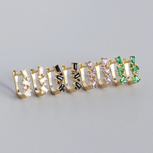 S925 sterling silver gold U-shaped hoop earrings with colorful cubic zirconia stones