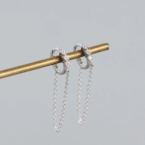 Detailed view of S925 silver tassel earrings with zircon studs on golden bar