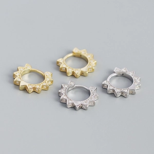 Set of gold and silver S925 sterling silver geometric sun-shaped huggie earrings with diamonds