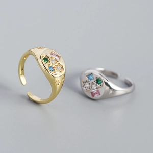 S925 silver star signet ring with colorful zircon stones in gold and silver finishes