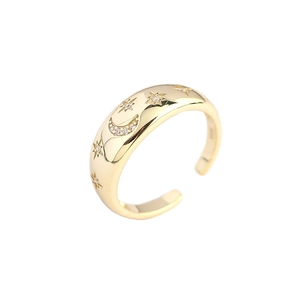 Adjustable gold vintage S925 silver ring featuring crescent moon and star zircon accents