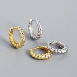 Boucles d'Oreilles Créoles en Argent Sterling 925 Corde Torsadée Luxe Français Texture Métallique Géométrique pour Femmes Bijoux