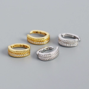 Elegant s925 silver hoop earrings with twisted metal texture and zircon inlay