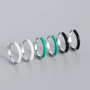 Parure de créoles minimalistes en argent S925 émail noir blanc et vert brillant