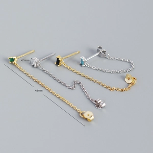 Detail of S925 sterling silver tassel earrings with 48mm chains and zircon stones