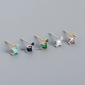 Detail view showing 4mm square zircon earrings in five colors with 7.3mm height specs